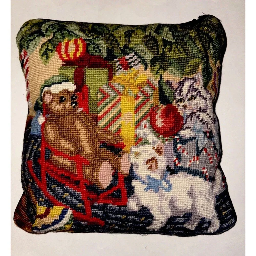 Vintage Crewel Teddy Bear Kitten Christmas Pillow 13” X 13” Removable Cover